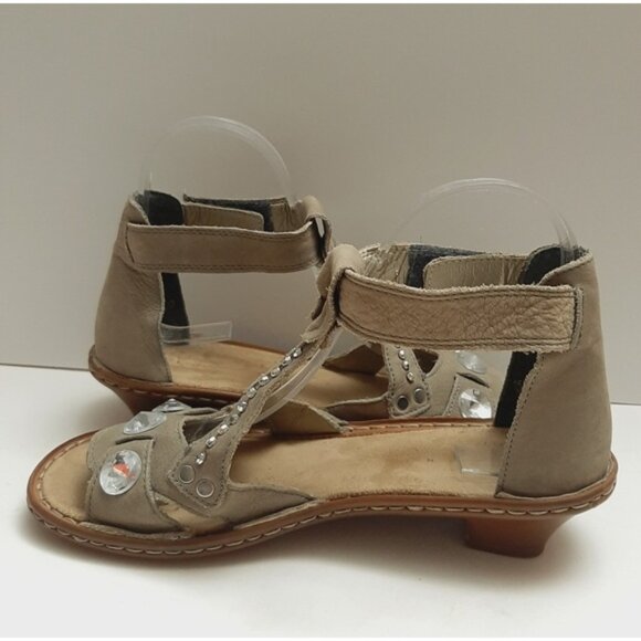 RIEKER \ Studded Gem Low Heel Open Toe Sandal Ankle Strap Taupe Gray Eur 37 US 6 - Picture 11 of 15